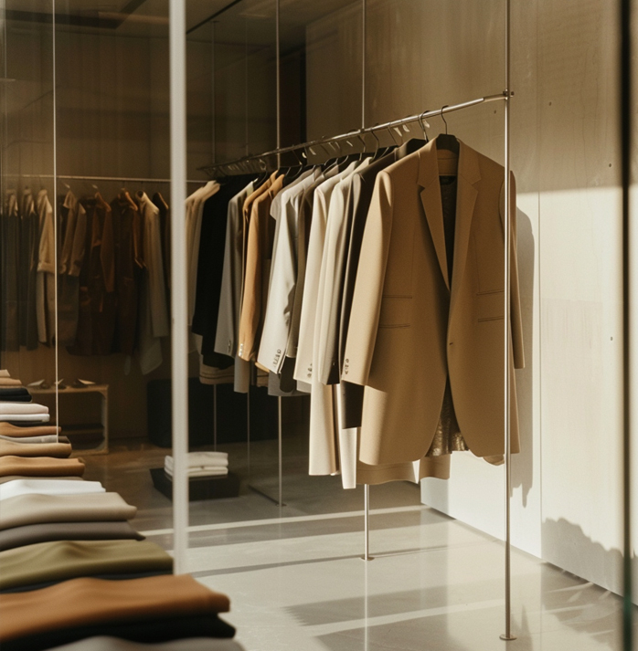 a collection of coats and blazers on a sleek rack in a fashion showroom
