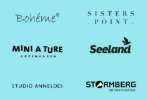 Logos of various fashion brands displayed on a light blue background."