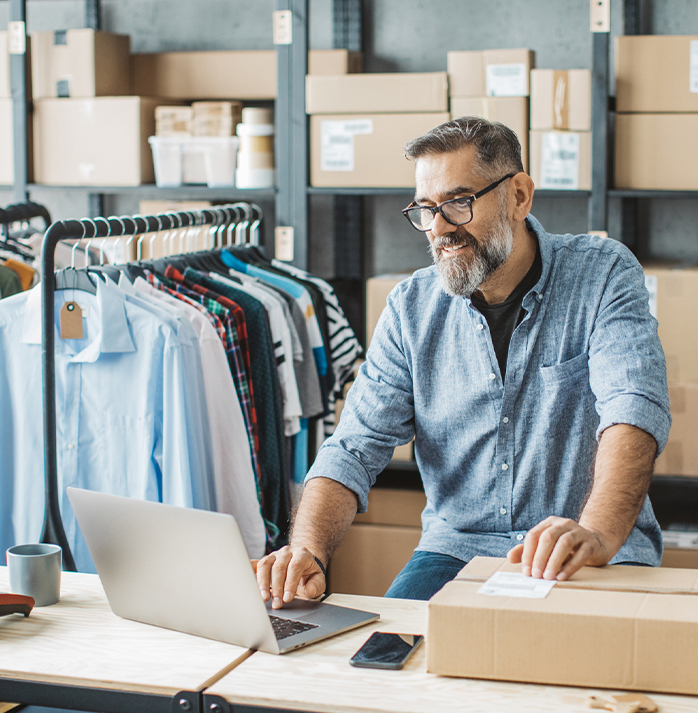 Smiling man in glasses working on a laptop in a clothing webshop, surrounded by boxes and hanging garments